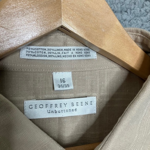 NWT Vtg Geoffrey Beene Unbuttoned Button Down Shirt Men 16 34/35 Linen Tan Plaid - Picture 2 of 11